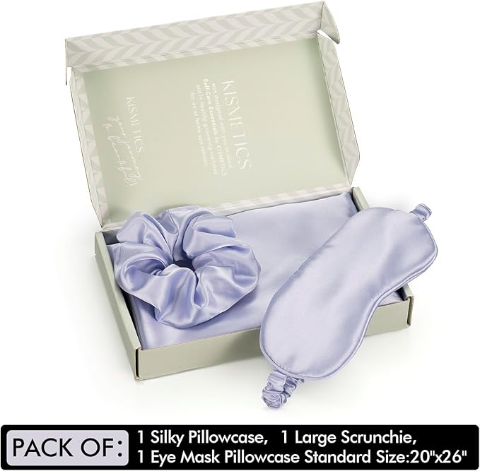 Vegan Silk Sleep Set, Vegan Silk Pillowcase with Large Scrunchie and Eye Mask for Hair and Skin, Self Care Essential Satin Night Routine Kit (Purple Color)