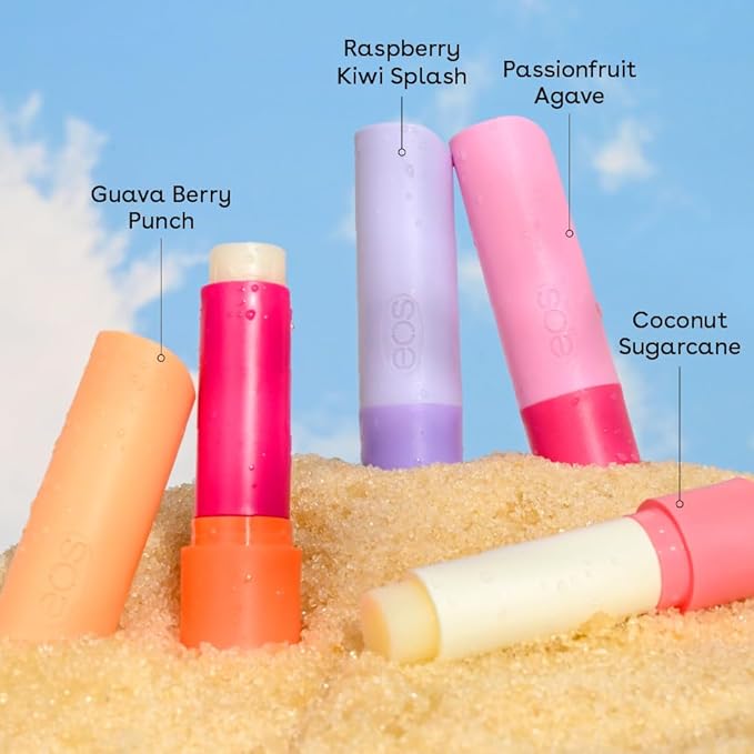 eos 100% Natural Lip Balms - Raspberry Kiwi Splash, Passionfruit Agave, Coconut Sugarcane, & Guava Berry Punch, All-Day Moisture Lip Care, 0.14 oz, 4-Pack