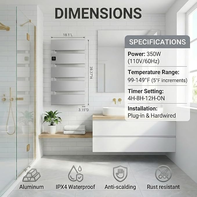 Electric Towel Warmer, Heated Towel Rack with Thermo Control and Timer, Fast Heating Towel Rail for Bathroom with Memroy Function, Work with Smart Plug, Left-Wiring, 5 Panel, Silver