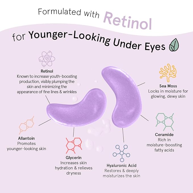 grace & stella Retinol Under Eye Patches for Puffy Eyes and Dark Circles - Restoring Gel Under Eye Masks with Hyaluronic Acid - Vegan Skincare, Mothers Day Gifts Bulk (Purple, 48 Pairs)