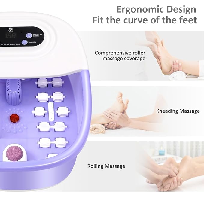 Foot Spa Bath Massager with Heat Bubbles and Vibration Massage and Jets, 16 OZ Calming Lavender Foot Soak Epsom Salt, Miwhale Foot Soaker With Red Light, 22 Massage Rollers, Adjustable Temp -Purple