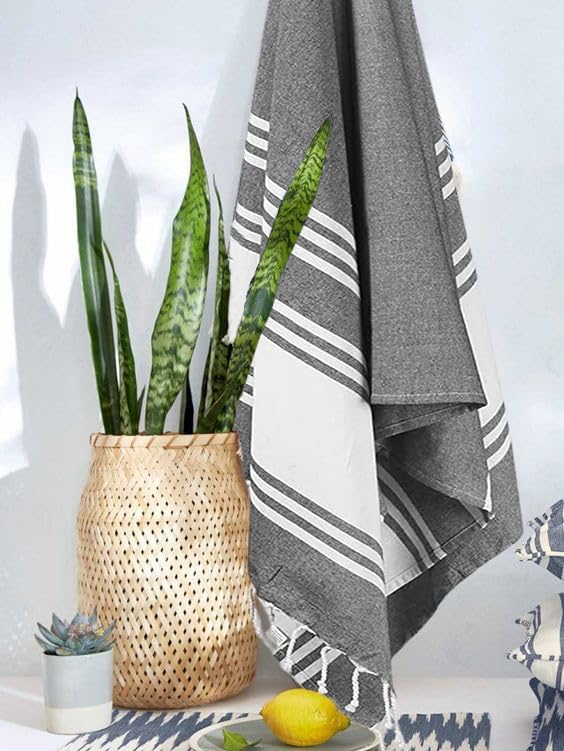 Goroly Home Cotton Turkish Peshtemal Beach Towel, Extra Large, Thin Quick Dry Sand Free Pool & Swim Towel, Bathing Blanket, Travel Essentials, (Charcoal, 36x71 Inches)