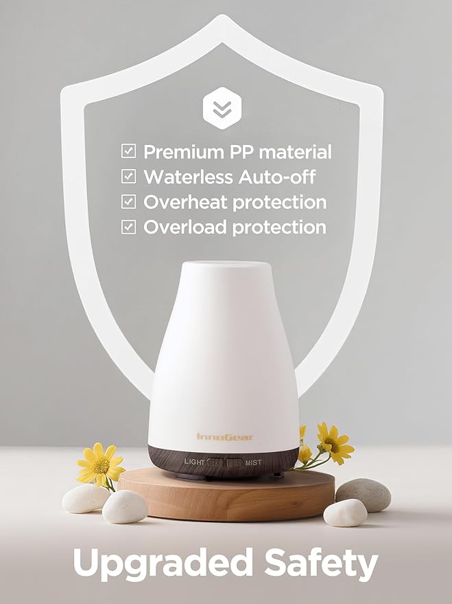 InnoGear Essential Oil Diffuser, Ultrasonic Diffusers for Home Aromatherapy Humidifier for Mother's Gift Bedroom Room 7 Colors LED 2 Mist Mode Auto Off, Brown Base