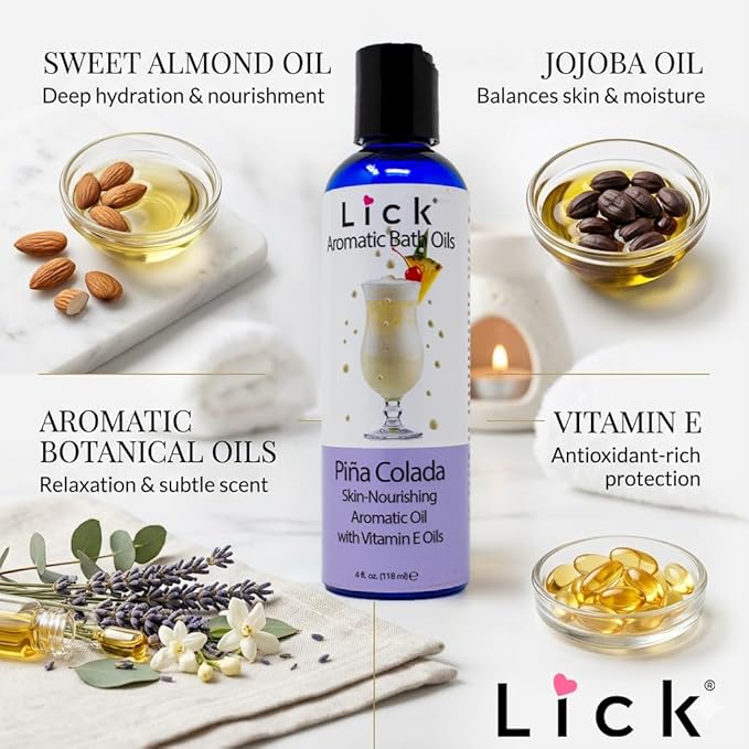 Lick Pina Colada Aromatic Bath Oil - Tropical Aroma - Soothing Bath Soak Oils, 4 oz