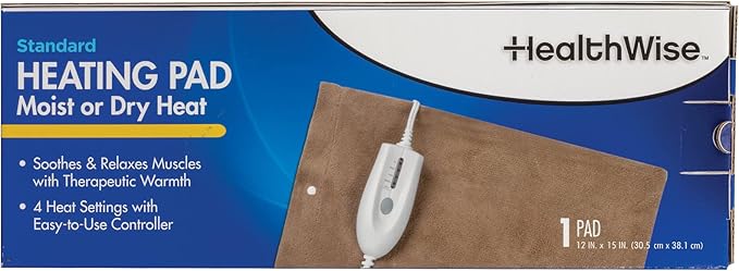 HealthWise Deluxe 12” x 15” Heating Pad with Moist & Dry Heat | Four-Heat Settings | Soothing Warm Relief, Brown (59-310)
