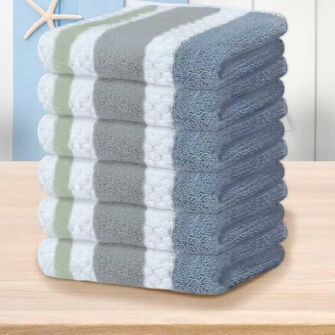 Waffle Washcloths for Bathroom, Striped Wash Cloths 6 Pack 13"x13" - Cotton & Polyester | Quick Dry | Thick | Absorb, Decorative Soft Face Wash Cloths, Navy Grey Green and White Checkered