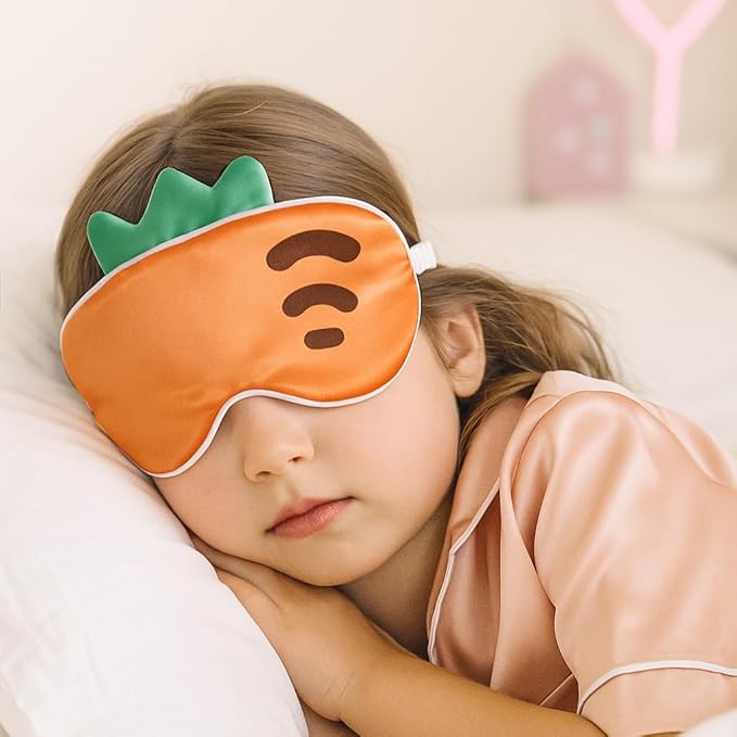 Orose Kids Silk Sleep Mask Cute Adjustable Original Design for Boys & Girls, Double-Sided Mulberry Silk, Cartoon Pattern, Toddler Eye Mask (Carrot)