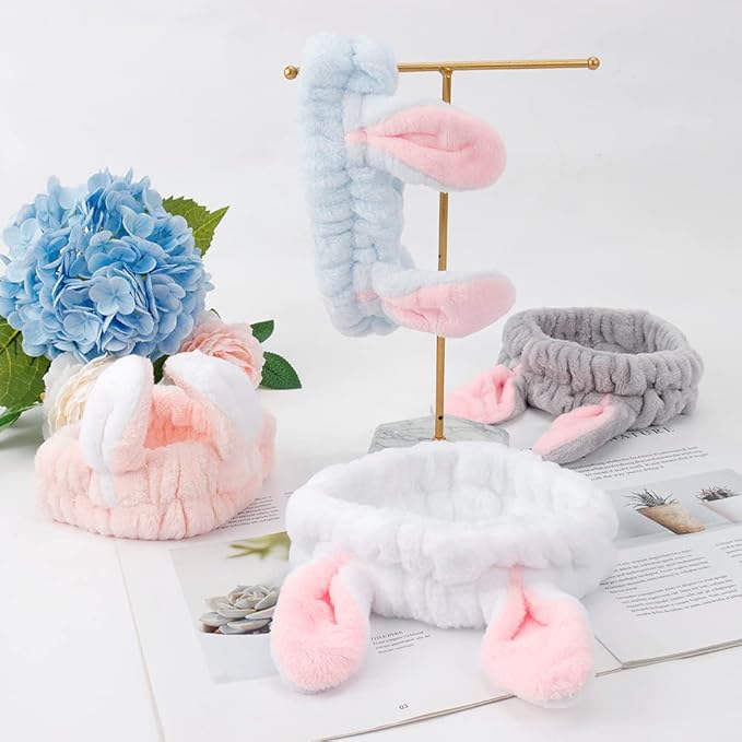 AHONEY Bunny Ears Headband, 4Pcs Skin Care Headbadns Fuzzy Headband for Washing Face Kawaii Makeup Cute Headbands Coral Fleece Elastic Hair Band Easter Bunnies Cosmetic