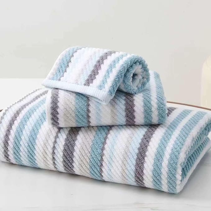 3-Piece Aqua Striped Bathroom Towel Set - 100% Cotton Quick Dry Soft Absorbent Luxury Towels (1 Hand Towel 16"x27", 1 Washcloth 13"x13", 1 Bath Towel 28"x52" with Hanging Loop) | Aqua & Gray Striped