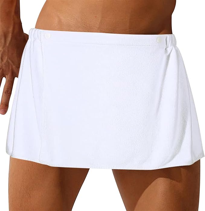 Men Boys Soft Wearable Bath Towel Short Pants Adjustable Mircofiber Towel Blanket Bathroom Pool Beach Spa Bathing Shower Cover Up Wrap Around Towel with Snap Closure (White)