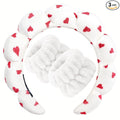 Zkptops Spa Headband for Washing Face Wristband Set Sponge Makeup Skincare Velvet Fabric Bubble Soft Get Ready Hairbands for Women Puffy Headwear Non Slip Thick Thin Hair Accessory (Red Heart)