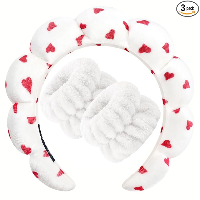 Zkptops Spa Headband for Washing Face Wristband Set Sponge Makeup Skincare Velvet Fabric Bubble Soft Get Ready Hairbands for Women Puffy Headwear Non Slip Thick Thin Hair Accessory (Red Heart)