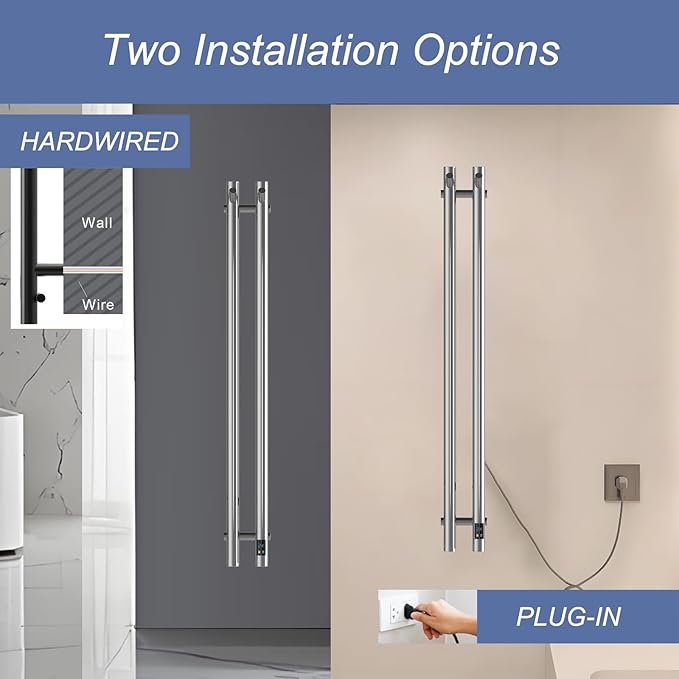 Heated Towel Rack, Towel Warmer with Timer, Wall Mounted hot Towel Warmer Rack for Bathroom, Hardwired or Plug-in Models Vertical Towel Heater, 2 Vertical Rack Round Design (Silver)