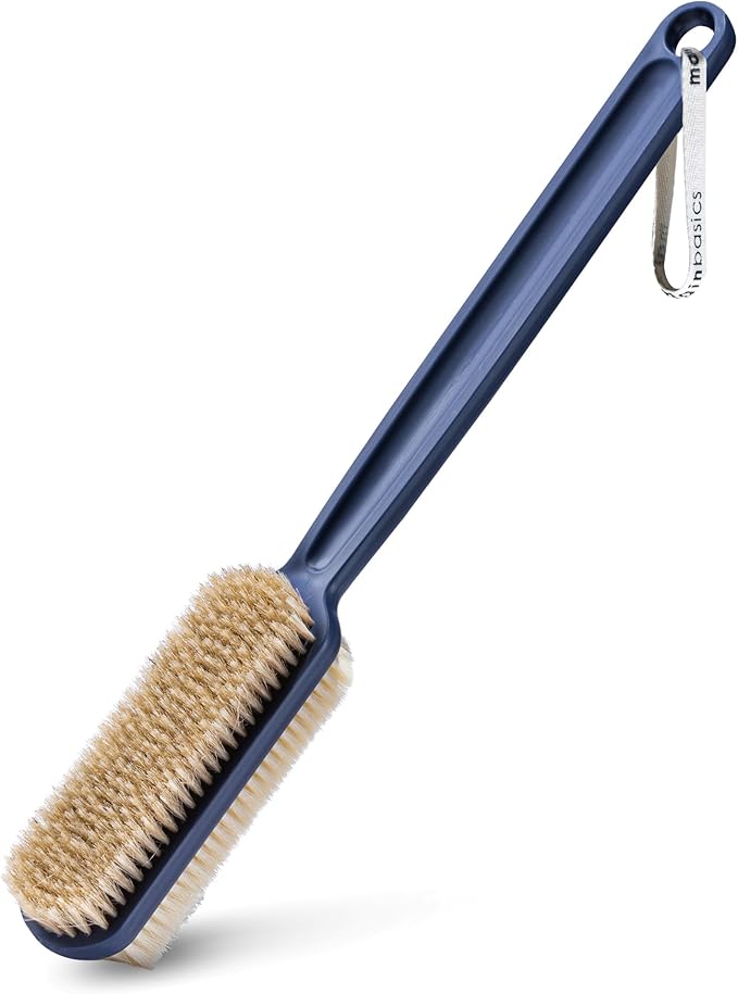 MainBasics Back Scrubber for Shower, Long Handle Body Brush with Dual-Sided Exfoliating and Soft Bristles, 15.75 Inch (Blue)
