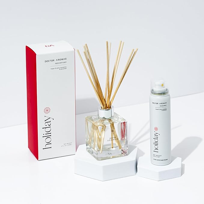 Doctor Aromas Aroma Set Essential Oil Natural Reed Aroma Wood Sticks Diffuser Glass Set – Elegant Scent for Home, Room or Bathroom, Décor, and Fresh Air Fragrance Aromatherapy Gift (Holiday)