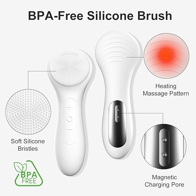 OWLMATE Facial Cleansing Brush, Electric Face Scrubber for Men & Women Waterproof Rechargeable Sonic Vibrating Soft Silicone Face Cleanser Brush for Deep Cleansing, Exfoliating, Massaging (White)