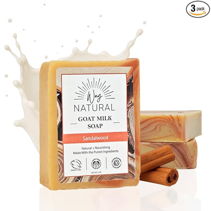 Sandalwood Soap Bar (3 Pack) - Goat Milk Soap for Men & Women - Natural, Handmade w/Real Milk - Dry Skin, Hands/Body - Premium, Gentle, No Dyes - (Large, 5oz)