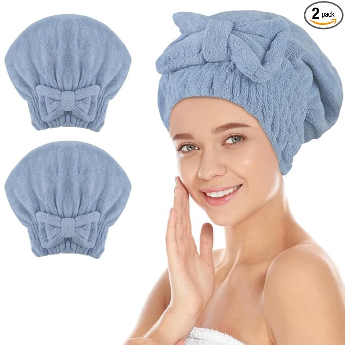 SUNLAND Large Microfiber Hair Drying Caps with Bow Knot Fast Drying Shower Cap Soft and Absorbent hairWrap Hair Turban Bath Caps for Curly Thick and Wet Hair