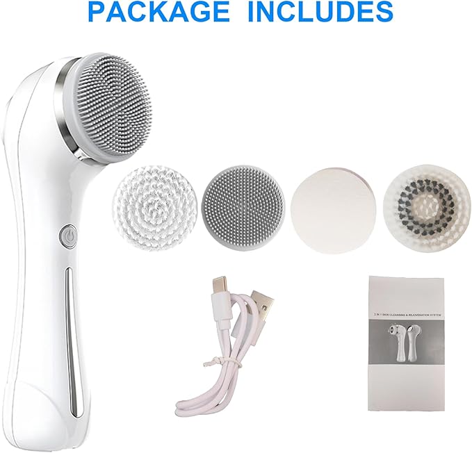 Facial Cleansing Brush, 2 in 1 Ｗaterproof IPx7 Facial Spin Scrubber Set with 4 Brush Heads, Rechargeable Exfoliating Face Brush Deep Cleansing, Gently Exfoliate and Remove Blackhead (White)