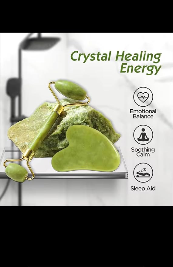 Jade Roller and Gua Sha Set, Natural Green Stone Facial Massage Tools with Gold Accents, 2-Piece Beauty Kit