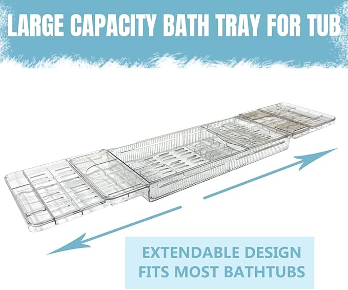 Large Capacity Adjustable Bath Tub Tray - Transparent Acrylic Rectangular Modern Bathroom Tray - Easy Clean, Sturdy Durability - Fits Most Bathtubs (Extended Edition)
