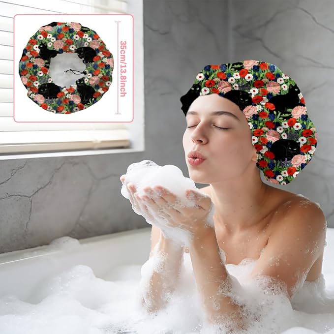 Black Cat Reusable Shower Cap Flower Double Layer Waterproof Shower Caps Large Elastic Hair Cover Adjustable Hair - Drying Caps for Woman Man Bath SPA Travel One Size Fits Most