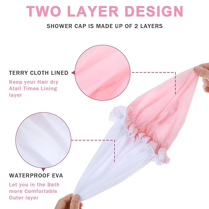 Reusable Shower Caps for Women, Pink Terry Cloth Lined Shower Cap Double Layer Reusable Bath Cap Waterproof Elastic Band Hair Cap for All Hair Lengths for Women Spa Home Salon Use(Pink)
