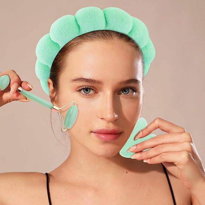 Chanaco Spa Headband and Wristbands for Women Skincare Headband for Washing Face Gua Sha & Jade Roller Facial Tools Green Makeup Fash Wash Hairband Teen Girl Gifts Trendy Stuff