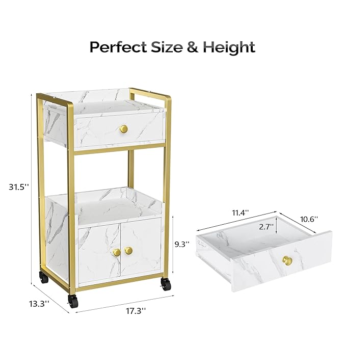 OmySalon Salon Trolley Cart, Esthetician Cart with Wheels & 1 Drawer Cabinet, Hair Stylist Cart for Beauty Spa Massage Tattoo Esthetic Facial Tool Holder Station, White Marble