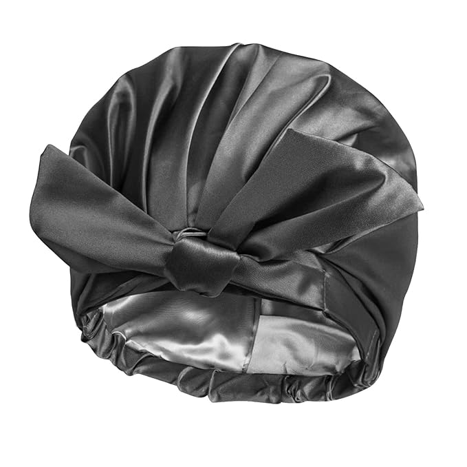 Large Shower Cap for Women Reusable Waterproof Adjustable Shower Caps with Silk Satin Lined Luxury Shower Cap for Long Hair (Black)