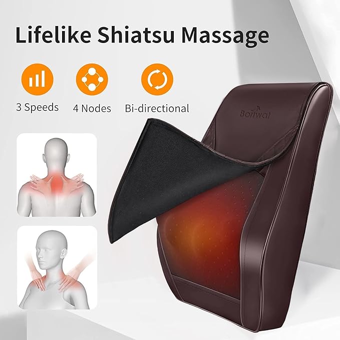 Boriwat Back Massager Neck Massager with Heat, Shiatsu Massage Pillow for Pain Relief, Massagers for Neck and Back, Shoulder, Leg, Gifts for Men Women Mom Dad, Stress Relax at Home Office and Car