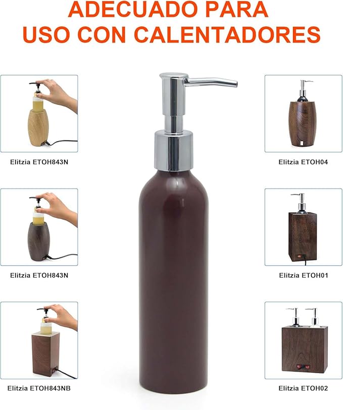 Elitzia Massage Oil Warmer Use Parts Pump Bottle 1 Pack 8.45oz/250ml Aluminium Pump Bottles for Solution Gel Lotion and Cream Use Suitable for ETAW02S ETAW03 ETLB01 ETLB02 ETOH843N ETOH843NB(Brown)