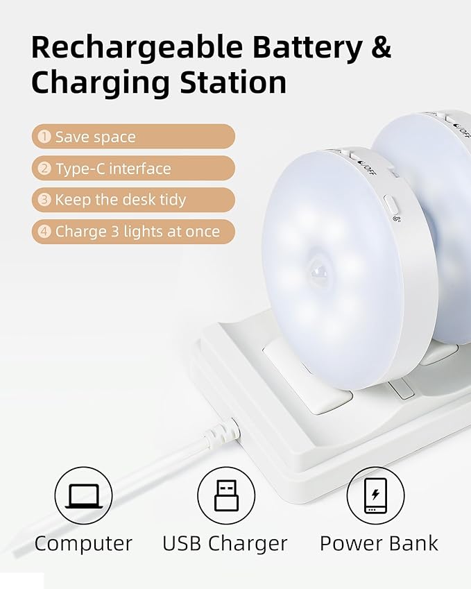 EZVALO Under Cabinet Lighting with Charging Station, 1000mAh Rechargeable Puck Lights with Remote, 3 Color Temps & 12 RGB Closet Lights, Dimmable Motion Sensor Lights for Shelf, Kitchen (3 Packs)