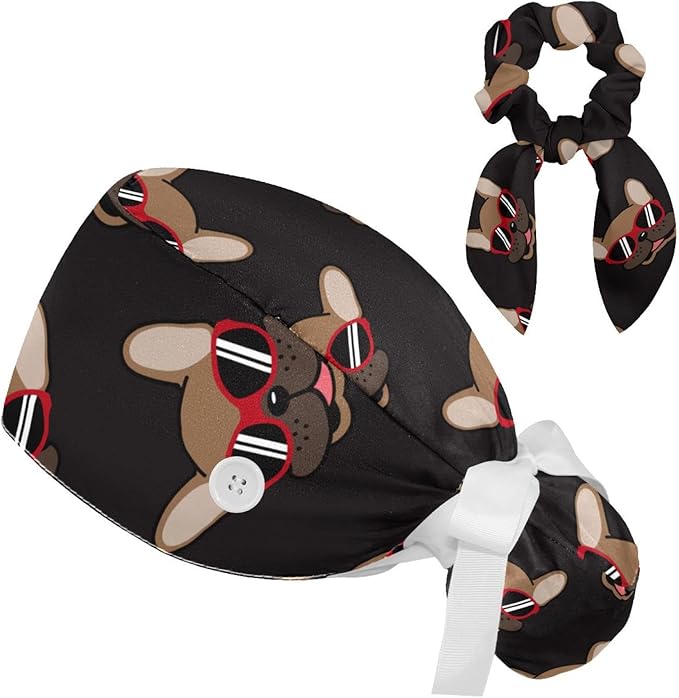 Ethnic Aztec Pattern Adjustable Scrub Cap Hat with Button, Working Hat Sweatband with Bow Hair Scrunchy for Woman