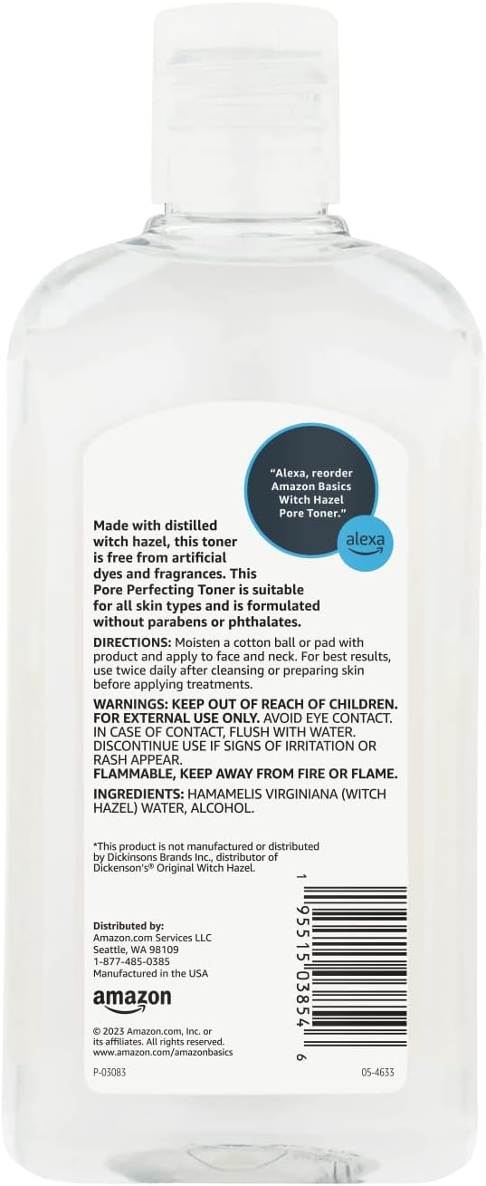Amazon Basics Witch Hazel Pore Perfecting Toner, 100% Natural Distilled, Paraben-Free, 16 Fluid Ounces, 1-Pack