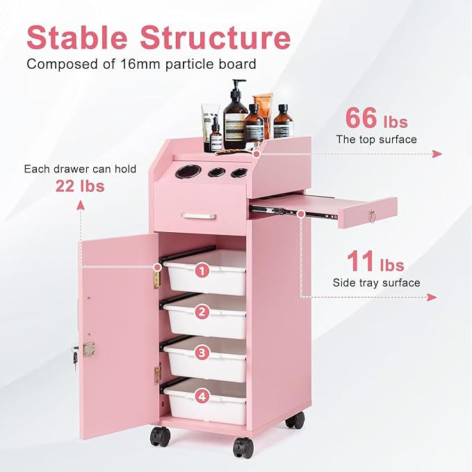 Modern Styling Station Cart for Hair Stylist,Wooden Hair Salon Station Storage Cabinet,Beauty Salon Storage Equipment,Beauty Spa Tool Organizer,with Wheels,for Barber Shop, Home, Bathroom (Pink)