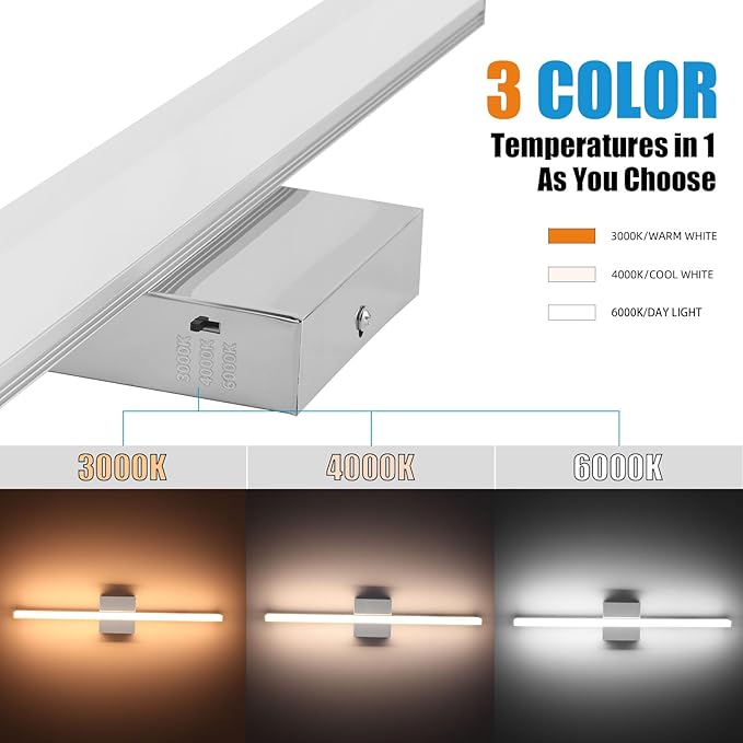 LED Bathroom Vanity Light 16in 3 Color Temperature Over Mirror Lighting Fixture Modern Indoor Chrome Wall Sconce Adjustable Lighting Color 3000K/ 4000K/ 5000K