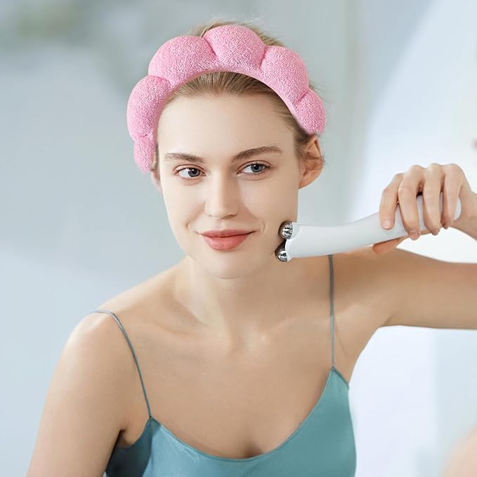 Beleki Spa Headband for Washing Face, Pink Sponge Face Wash Headband and Wristband Set for Makeup Skincare Headbands Puffy Non Slip Headwear Hair Accessories for Women Girls