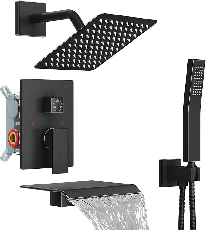 Midanya Shower System with Tub Spout,Bathtub Shower Faucet Set with Square Rainfall Head and Handheld Sprayer Wall Mount Tub Faucet Set with Valve and Trim Kit,8 Inch Oil Rubbed Bronze