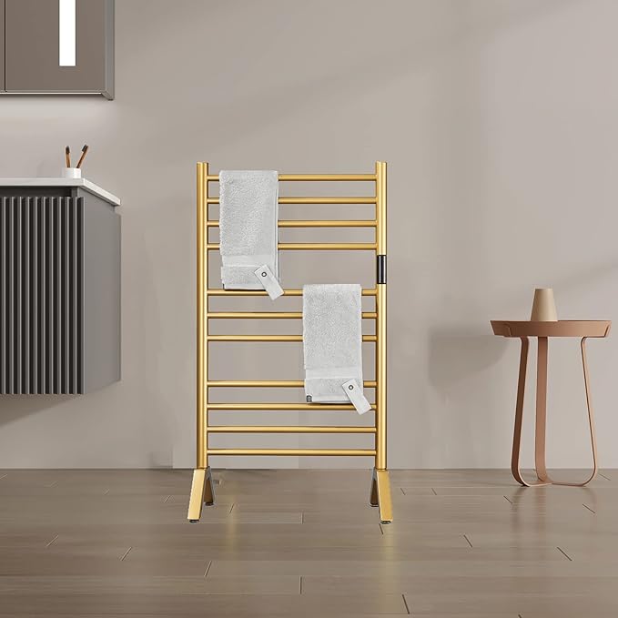 Electric Towel Warmers Radiator with Timer Gold, 140W Wall-Mounted & Freestanding Heated Towel Drying Rack with 11 Bars, 304 Stainless Steel Heated Towel Rail for Bathroom, Plug-in
