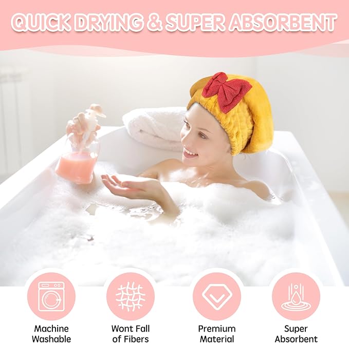 Microfiber Hair Drying Caps, 5-Pack Extra Soft and Ultra Absorbent Fast-Drying Hair Turban Wraps, Shower Caps for Girls and Women with Cute Bowtie Design（11" L x 10" W）
