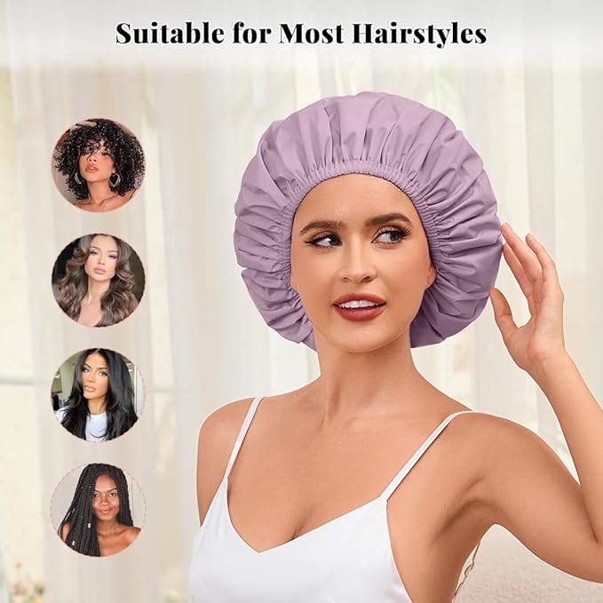 3 Pack Waterproof Reusable Shower Cap for Women, Hair Cap for Long Thick Hair, Lightweight Bath Hat for Daily Use