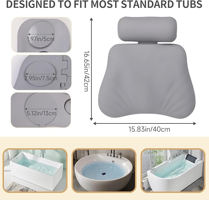 4D Silicone Bath Pillow for Tub, Upgraded Adjustable Bathtub Pillow Head Neck Back Support with Suction Cups, Quick-Dry and Non-Slip Bath Pillow Luxury Bathtub Pillow, Spa Gifts for Women, Mom (Grey)