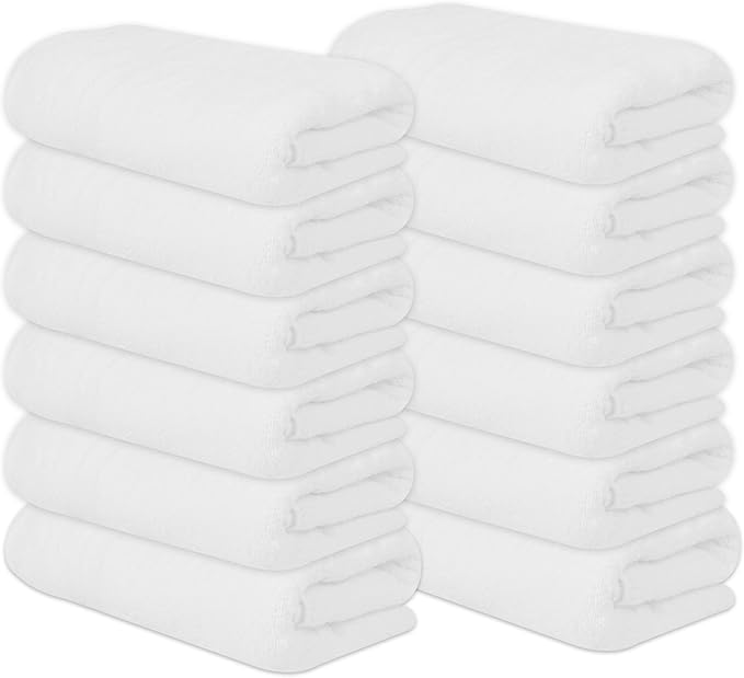 Medium Bath Towels Bulk Set of 12 – 100% Cotton Terry – 24" x 48" – Quick Dry, Soft & Highly Absorbent – White Towels for Bathroom, Gym, Spa, Pool & Daily Use