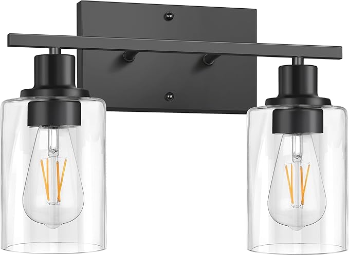 ShineTech 2-Light Bathroom Vanity Light Fixtures, Modern Wall Lighting with Clear Glass Shade, Matte Black Finished Wall Sconce Lighting for Mirror