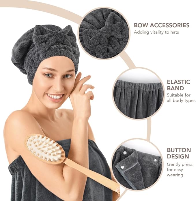 SUNLAND Microfiber Women Hair Drying Towel and Bath Towel Wrap, Adjustable Soft Body Wraps Dress with Hair Towels, Super Absorbent to Quick Drying 32 Inch x 60 Inch Dark Grey