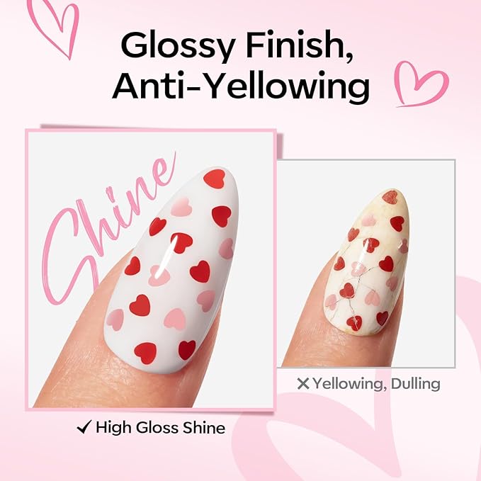 modelones Heart Glitter Gel Top Coat, 15 ML 2 in One No Wipe Clear Gel Nail Polish Red Pink Color Reflective Hearts Sequins Glossy Shine Long Lasting Soak Off Manicure Gift for Women