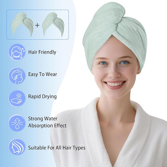 Microfiber Hair Drying Towel Wrap for Women, Hair Turbans Towel for Wet Hair,turbie Twist Hair Towels(The Color of the Picture is for Reference only) (Light Green,Light Green)
