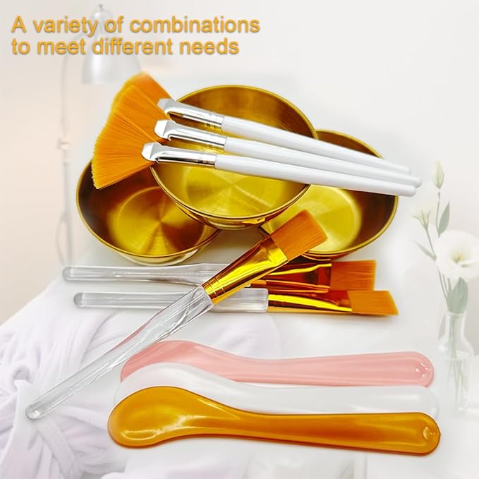 12Pcs Esthetician Facial Supplies 3 Gold Facial Bowls 3 Mud Mask Applicators 3 Fan-Shaped Brushes 3 Flat Brushes - Facial Bowl and Brush Set & DIY Face Mask Mixing Tool Kit (large)
