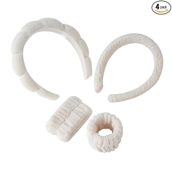 2Pcs Spa Headband for Washing Face & 1 Pair Wristband Set - Sponge Makeup Skincare Headband, Terry Cloth Bubble Soft Hairband, Puffy Padded Non-Slip Thick Hair Accessory for Women & Girls (Beige)